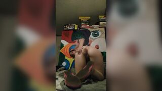 Shows off body inside pink sandals, toe suck
