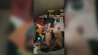Shows off body inside pink sandals, toe suck