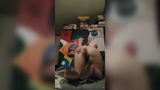 Shows off body inside pink sandals, toe suck