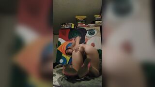 Shows off body inside pink sandals, toe suck