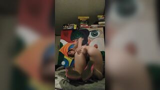 Shows off body inside pink sandals, toe suck