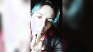 Blows finger bang, shows tongue and throat, titty tease