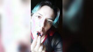 Blows finger bang, shows tongue and throat, titty tease