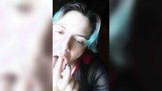 Blows finger bang, shows tongue and throat, titty tease