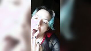 Blows finger bang, shows tongue and throat, titty tease