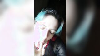 Blows finger bang, shows tongue and throat, titty tease