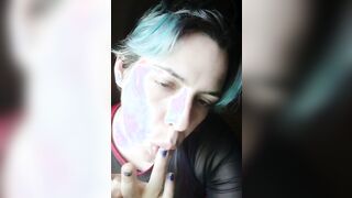 Blows finger bang, shows tongue and throat, titty tease
