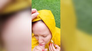 point of view fellatio and squirt on face and rainwear