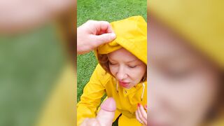 point of view fellatio and squirt on face and rainwear