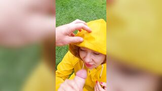 point of view fellatio and squirt on face and rainwear
