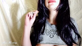 Alice inside Bae T-shirt smokes a marijuana cigarette before having sex with a new stud
