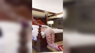 Restrained super bimbos bends over bed while Daddy spanks, flogs, & fucks her ROUGH