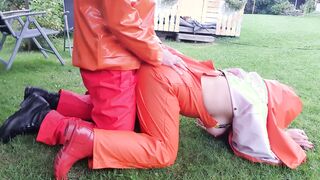 Taking a cunt with mouth rough from behind and squirting on her greasy rainpants