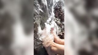 Risky adorable snatch flash on outdoor beach