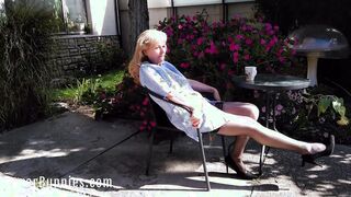 Coffee Break inside kittel w suspenders no underwear, all natural bushy vagina playful MILF outside