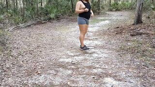 Park trail mom flashing showing side boob and stripping naked