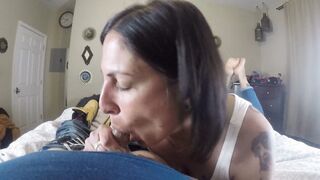 PunkRock Mom Blowing cock with bare foot