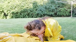 Cougar giving bj clothed into yellow LATEX Mac and Hunter boots