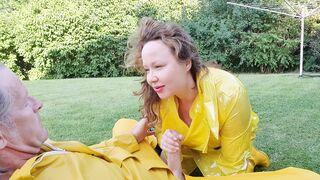 Cougar giving bj clothed into yellow LATEX Mac and Hunter boots