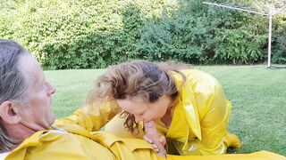 Cougar giving bj clothed into yellow LATEX Mac and Hunter boots
