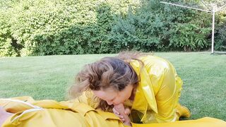 Cougar giving bj clothed into yellow LATEX Mac and Hunter boots