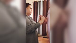 goddess Red Haired Mom give an beautiful sloppy oral sex, oily hand job and takes a long facial