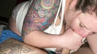 Inked bbw cougar drains my penis