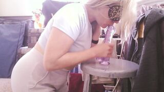 Blindfold with Bf our first time - Fat Booty Blonde sucking off her new dildo with soak twat pawg