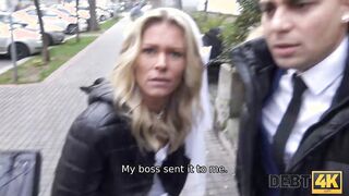 DEBT4k. Curly blonde is Enjoying sex while cuckold groom is watching
