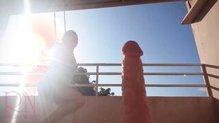 Beauty Regina Noir blows a big vibrator and fucks her snatch. Outside. Close-up. Huge twat.