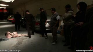 Bimbo group banged! into outdoors garage