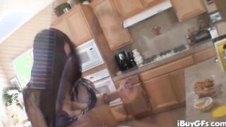 Big Titted dark hair eats cock then takes jizzed