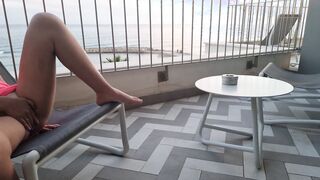 Flash and naked on the balcony Squirt fountaine