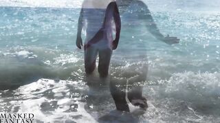 Hot woman with a filthy twat at a secluded beach with view through white top