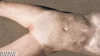 Hot woman with a filthy twat at a secluded beach with view through white top