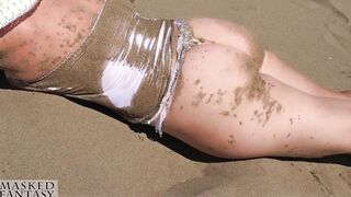 Hot woman with a filthy twat at a secluded beach with view through white top