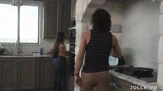My stepbrother helps me stretch my booty for my first