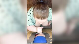 gloryhole slave bimbo fiance blows and tittyfucks stranger cum on melons