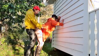 Taking lover rough from behind into raincoat and latex boots - jizzed