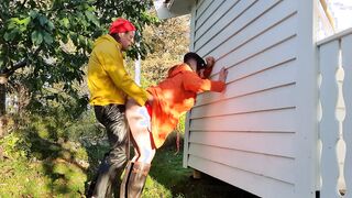Taking lover rough from behind into raincoat and latex boots - jizzed