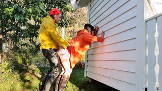Taking lover rough from behind into raincoat and latex boots - jizzed