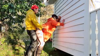 Taking lover rough from behind into raincoat and latex boots - jizzed