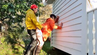 Taking lover rough from behind into raincoat and latex boots - jizzed