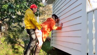 Taking lover rough from behind into raincoat and latex boots - jizzed