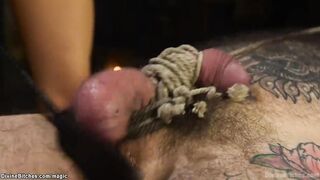 Blonde into pantyhose pegging tattooed sub