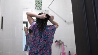 Older petite housewife cougar with tiny titted masturbates into the shower.