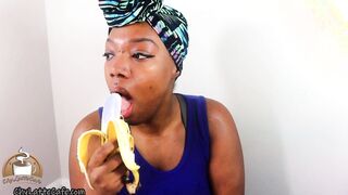 Step-Mommy Banana Blow Job Bushy Snatch Tease by African milf Chy Latte