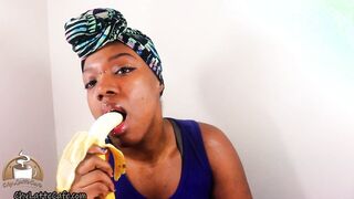 Step-Mommy Banana Blow Job Bushy Snatch Tease by African milf Chy Latte