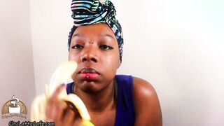 Step-Mommy Banana Blow Job Bushy Snatch Tease by African milf Chy Latte