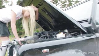 Sweet blonde tries to fix the car but gets banged! instead